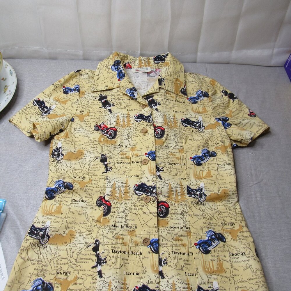 Women Blouse Button Size Small US Map Roads Motorcycle Homemade Short Sleeve Goo